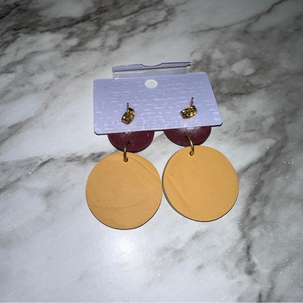 Burgundy & Yellow Wooden Earrings - Picture 5 of 5